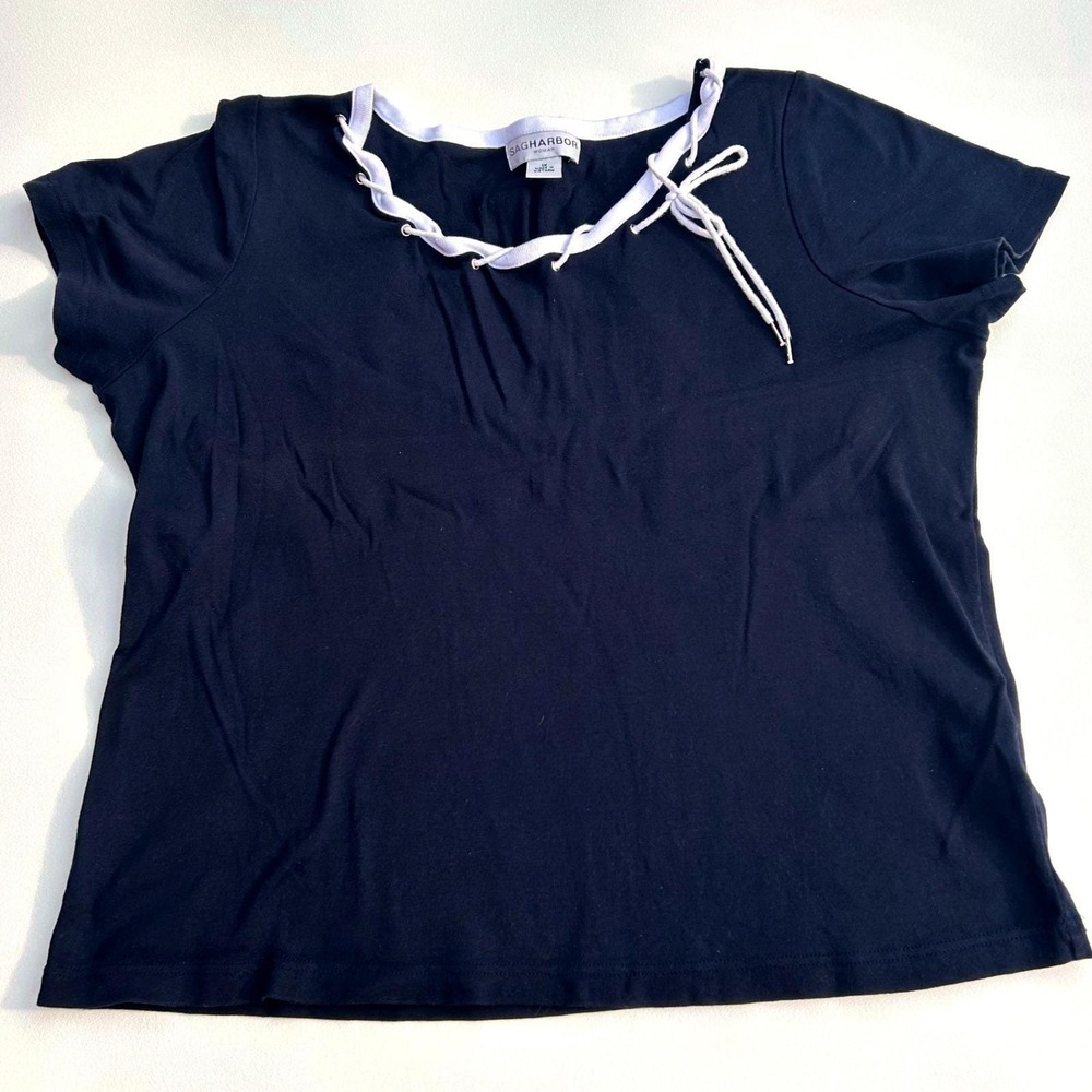 Womens Black White Lace Up Nautical Top 1X Coastal Grandma Short Sleeve Shirt